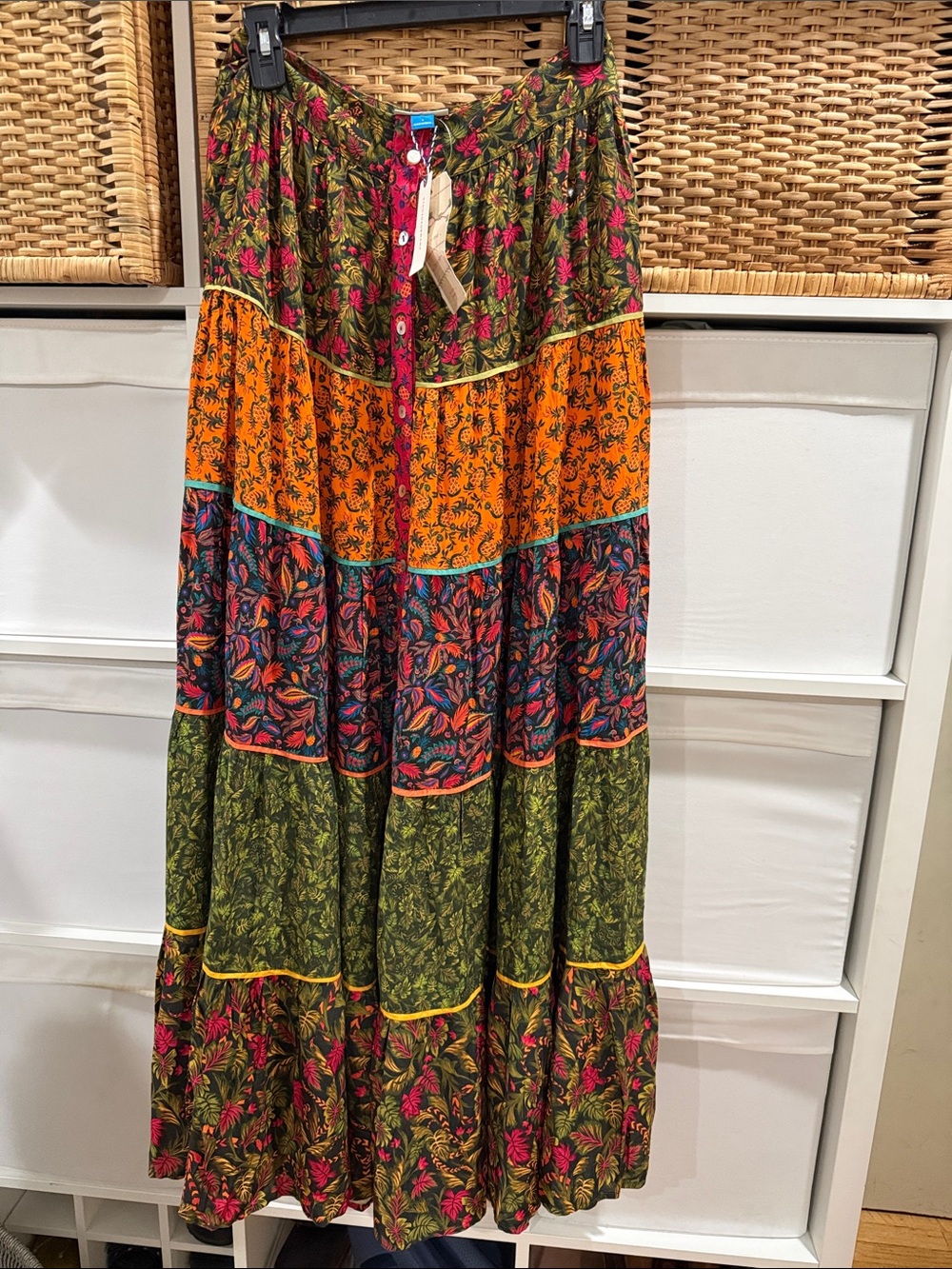 Anthropologie Patchwork Floral Maxi Skirt - Green & Orange & Pink